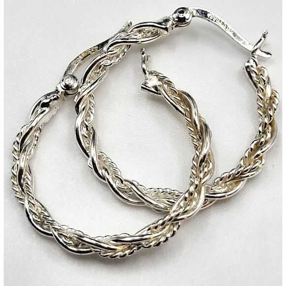 Sterling Silver Twisted Hoop Earrings 1in Signed - Picture 2 of 3